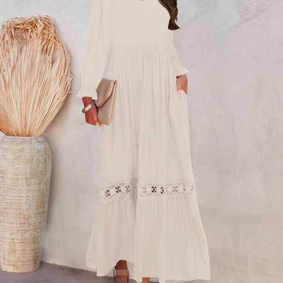 Elegant Women’s Long Sleeve Flowy A-Line Lace Trim Maxi Dress - Small Size - Picture 2 of 8